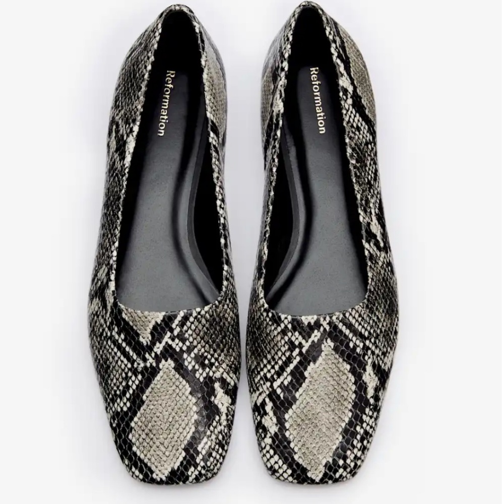 Reformation Inez Snakeskin Square Toe Ballet Flat